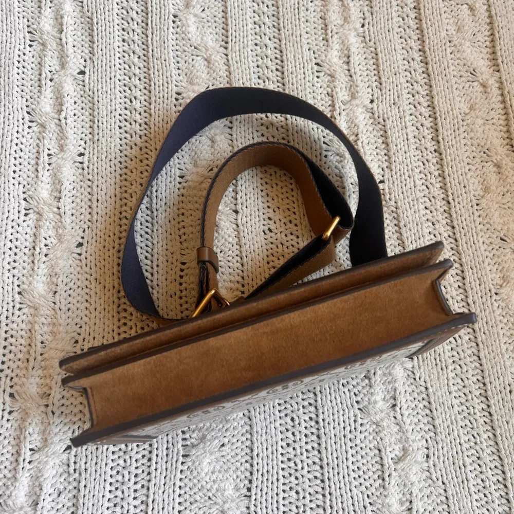 Tory Burch Beige Logo Canvas Crossbody with Brown Trim and Navy Strap